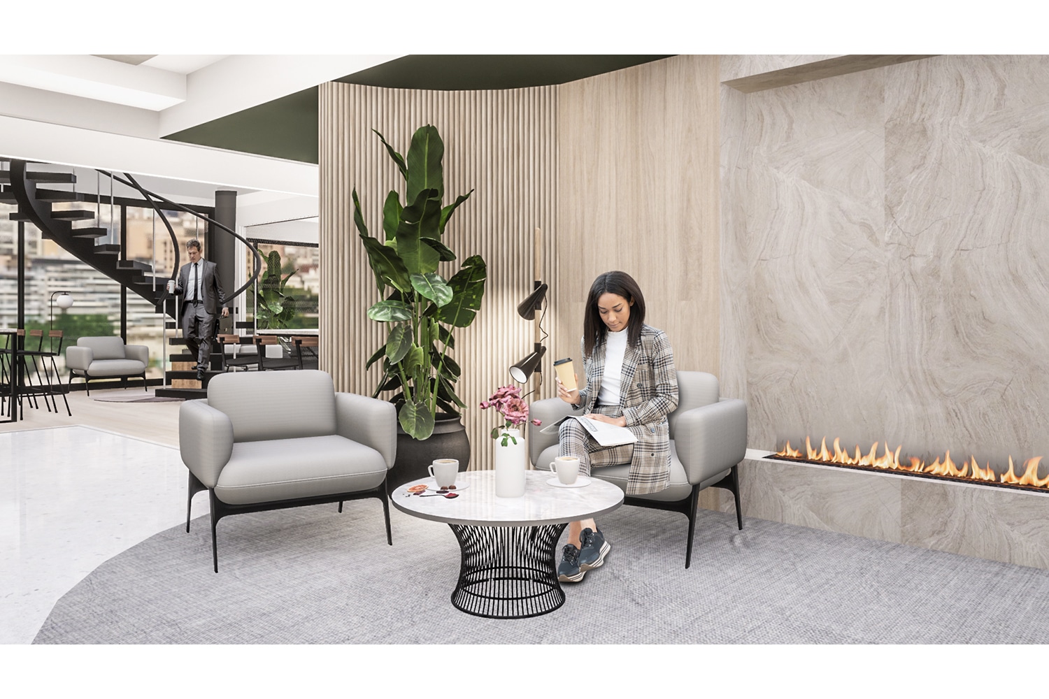 Havainnekuva MaarinPortti toimitilakiinteistön yleisestä lounge-tilasta, jossa kaksi vaaleaa nojatuolia ja matala pöytä.