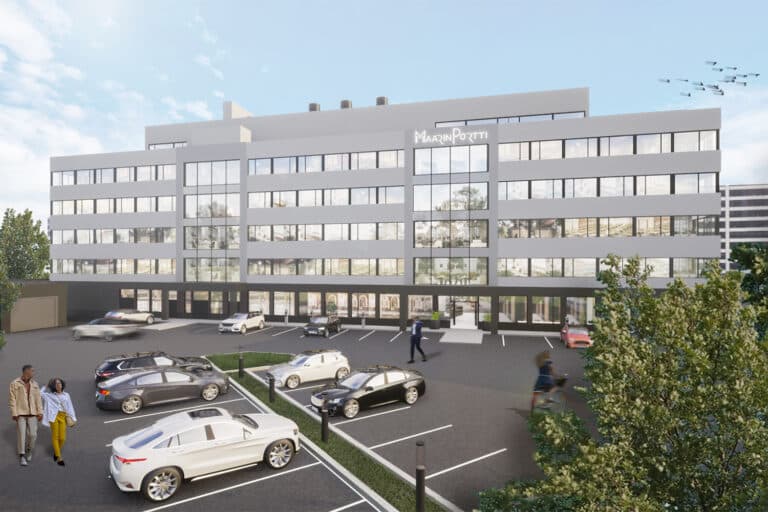 MaarinPortin julkisivun havainnekuva parkkipaikalta pöin.