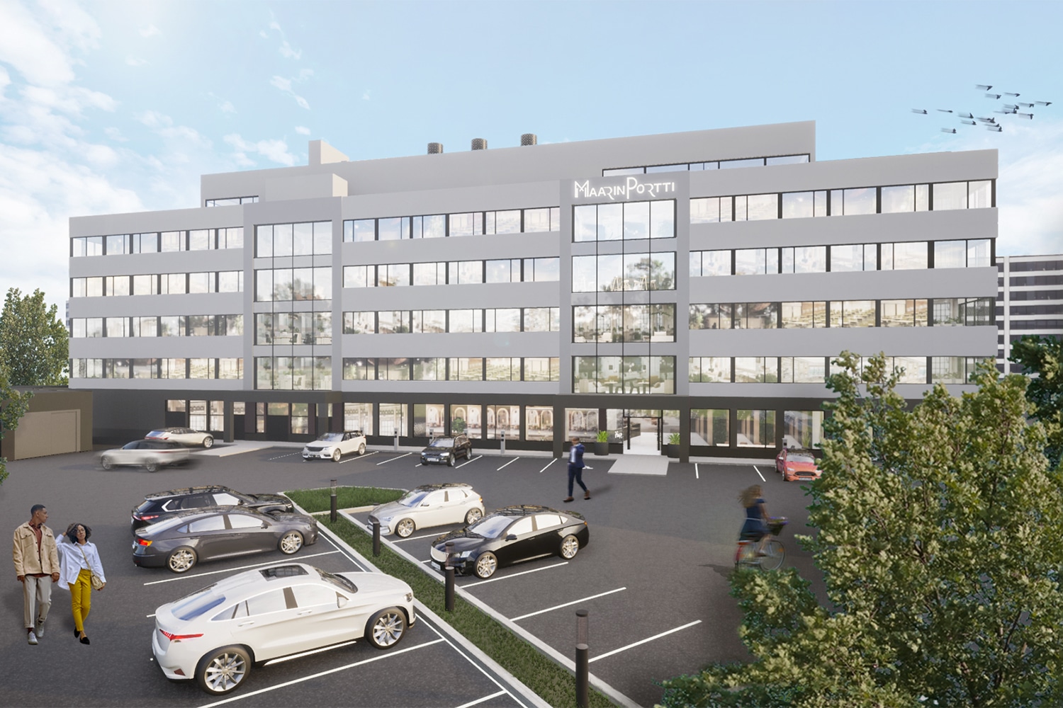 MaarinPortin julkisivun havainnekuva parkkipaikalta pöin.